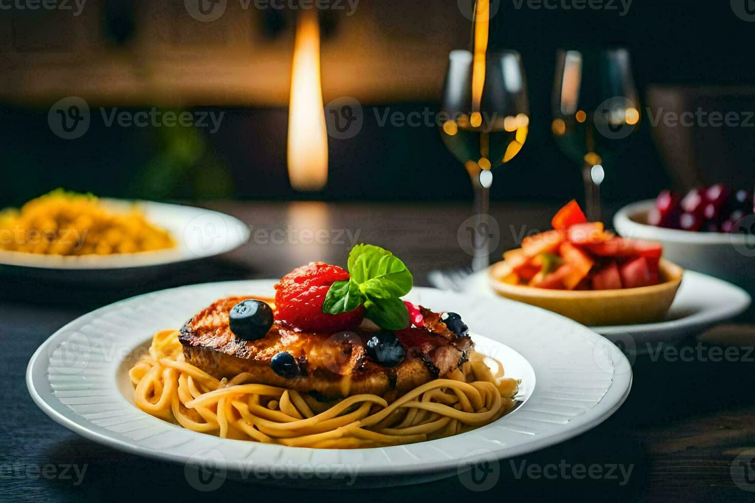a plate of pasta with chicken and berries on a table. AI-Generated photo