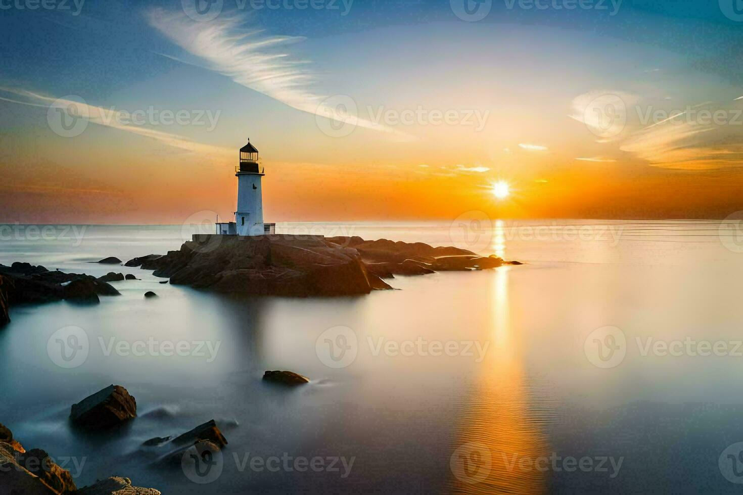 a lighthouse stands on the shore of a body of water at sunset. AI-Generated photo