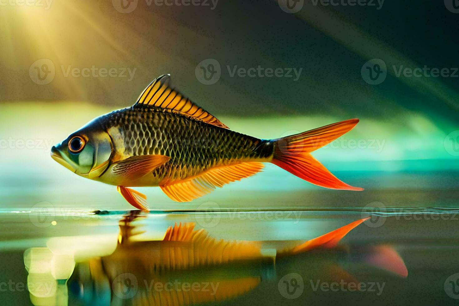 a fish is standing on the water with the sun shining. AI-Generated photo