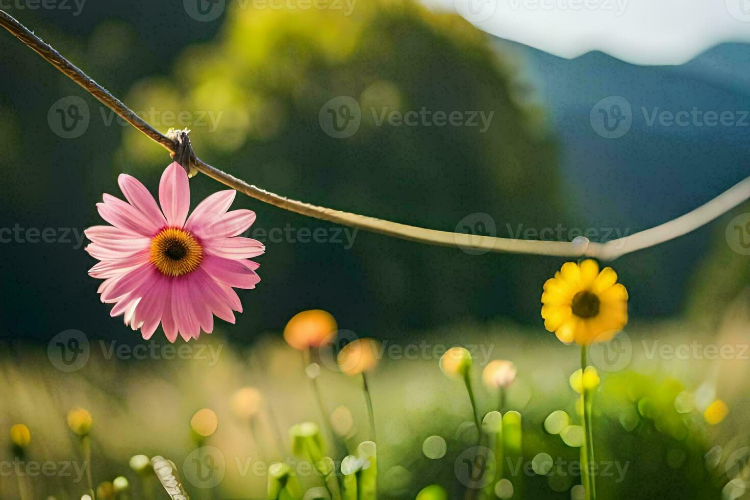 a flower hanging from a rope in a field. AI-Generated photo