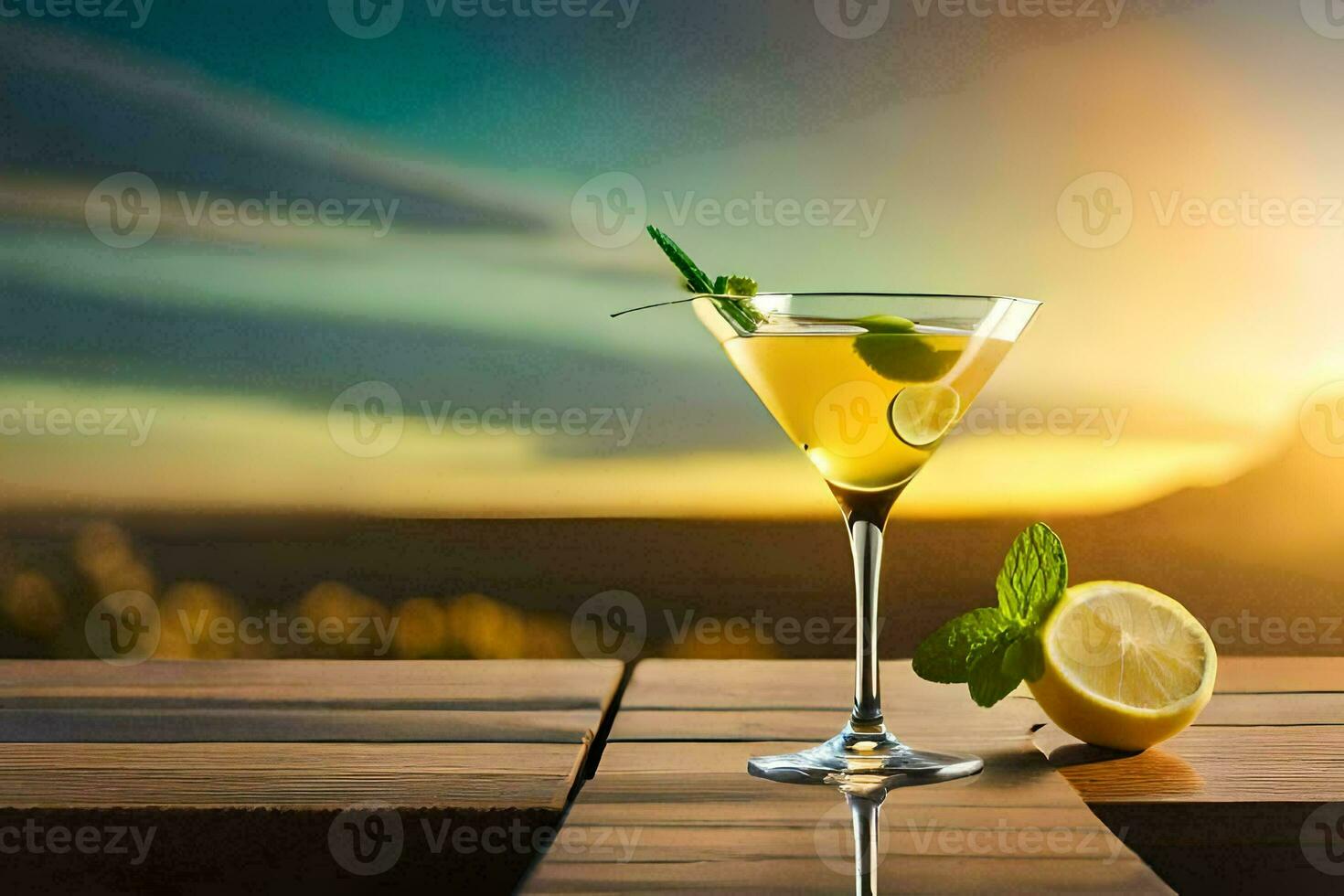 a cocktail with lemon and mint on a wooden table. AI-Generated photo