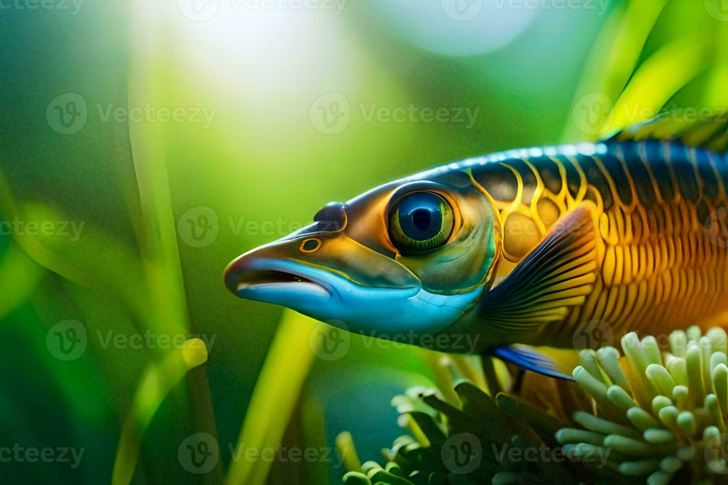 a fish with bright blue eyes is sitting on top of green grass. AI-Generated photo