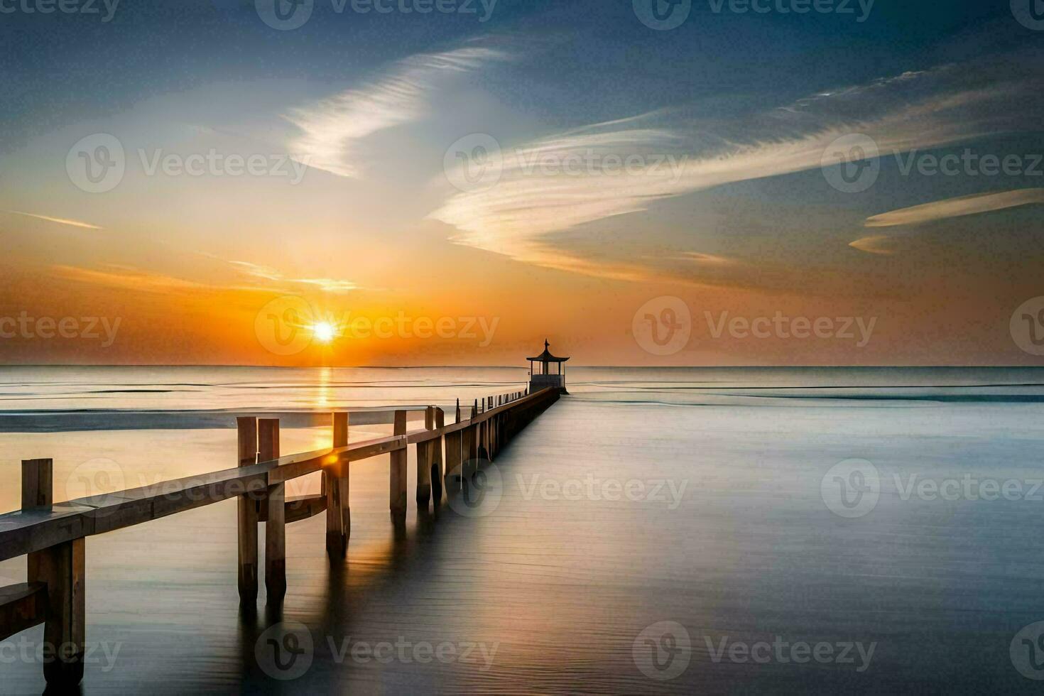 a pier with a sunset over the ocean. AI-Generated photo