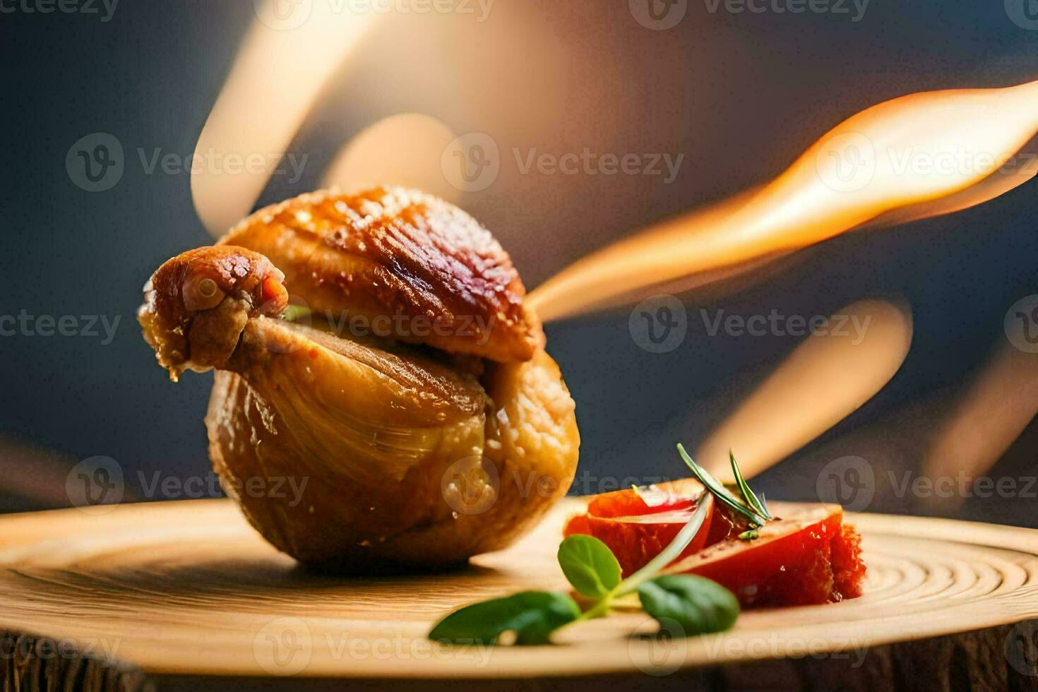 a chicken on a wooden board with a tomato and a flame. AI-Generated photo