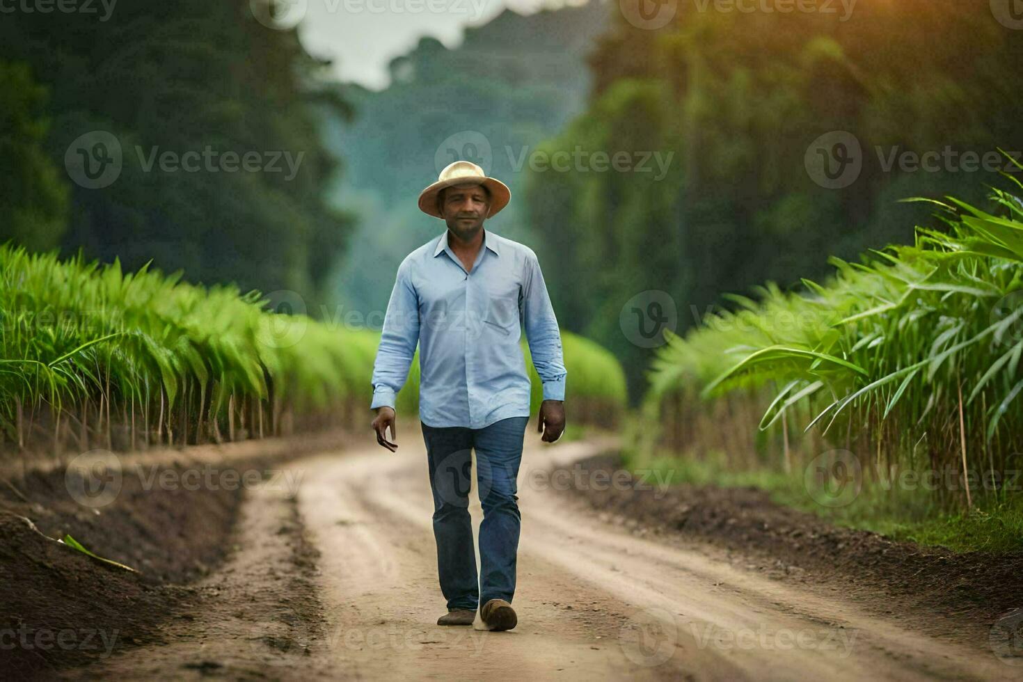 a man in a straw hat walking down a dirt road. AI-Generated photo