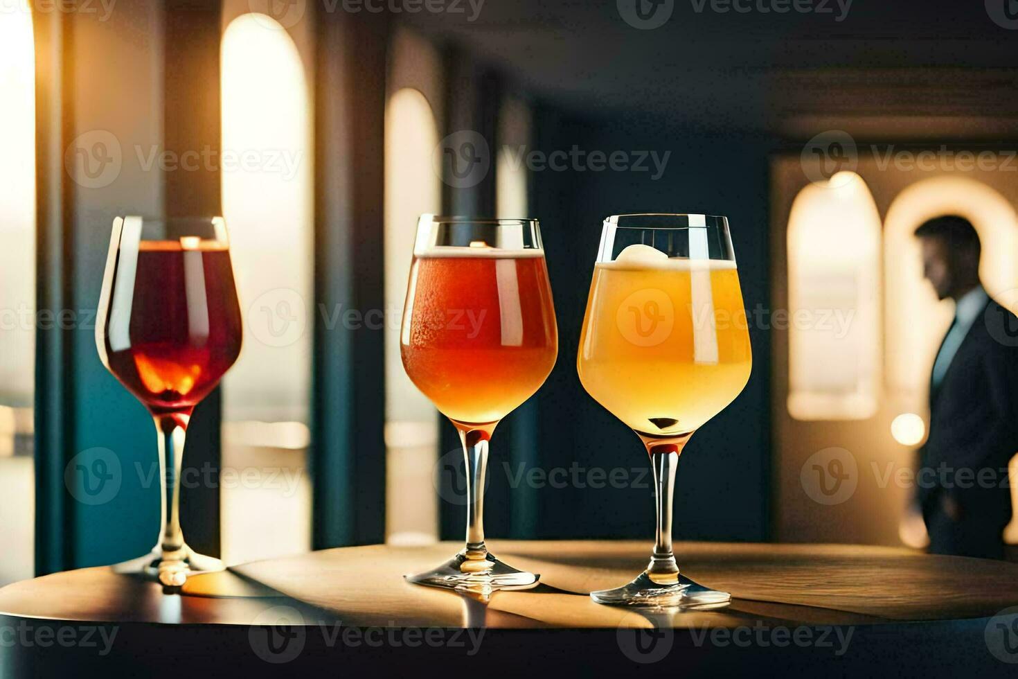 three glasses of different alcoholic beverages on a table. AI-Generated photo