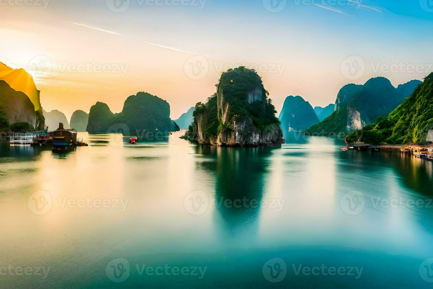 the sun sets over the water in halong bay. AI-Generated photo
