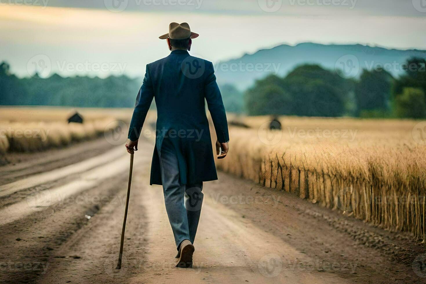 un hombre en un traje camina abajo un suciedad la carretera. generado por ai foto