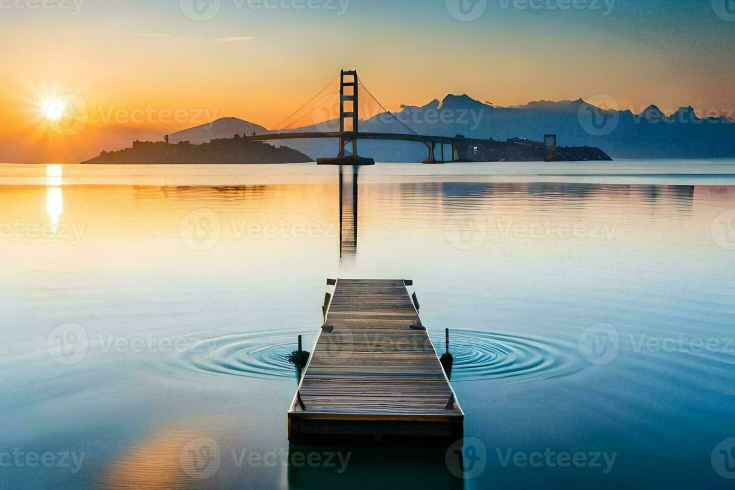 a dock in the middle of a lake at sunset. AI-Generated photo