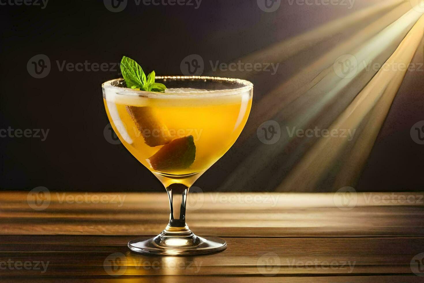 cocktail on a wooden table with light behind. AI-Generated photo