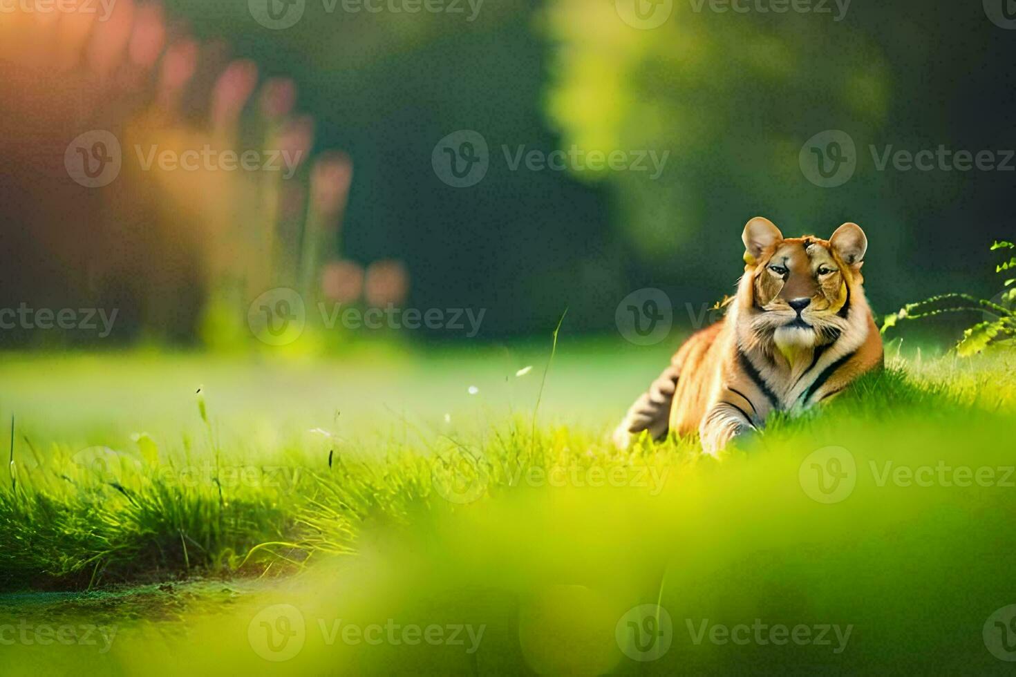 a tiger sitting in the grass with a green background. AI-Generated photo