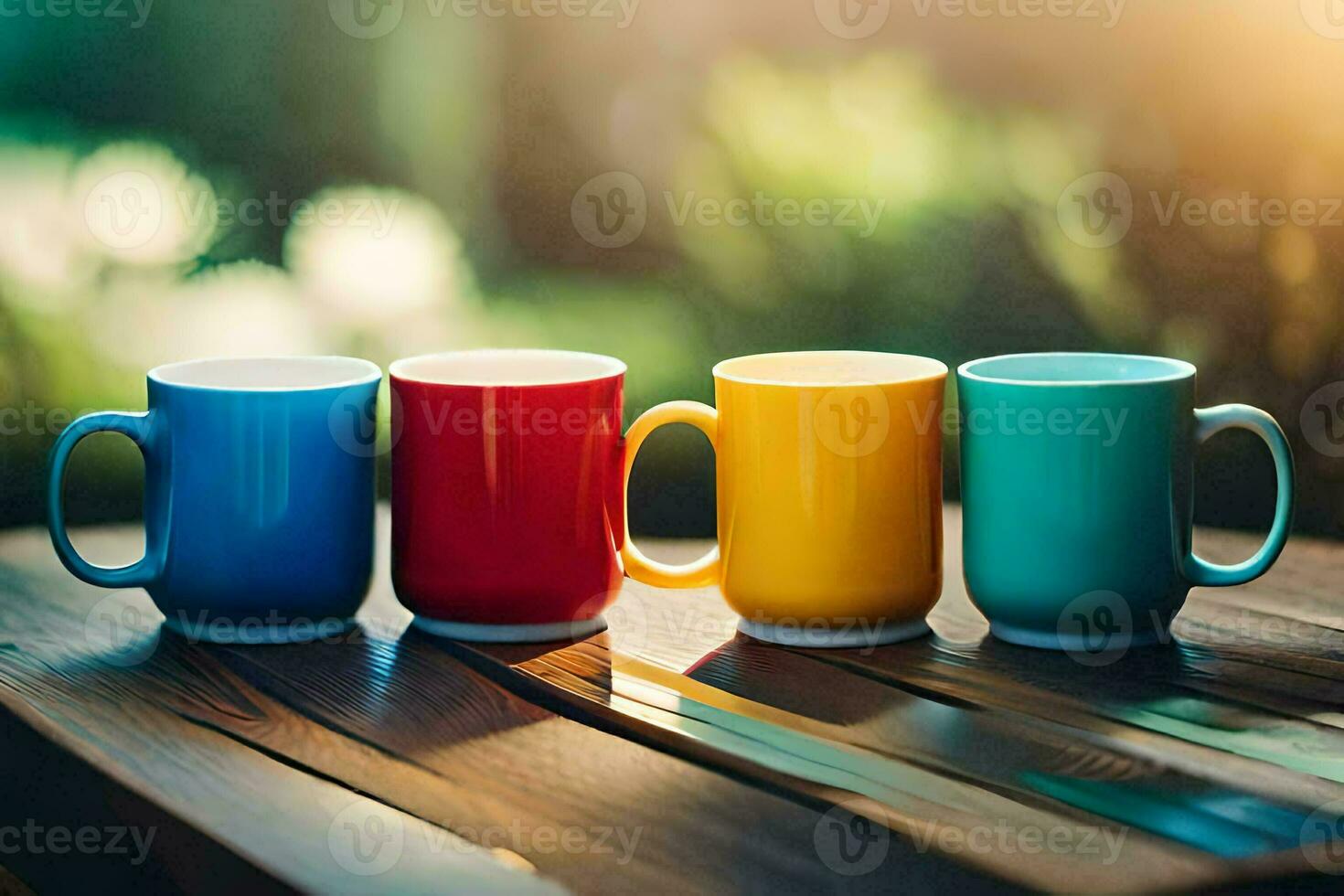 four colorful coffee mugs on a wooden table. AI-Generated photo
