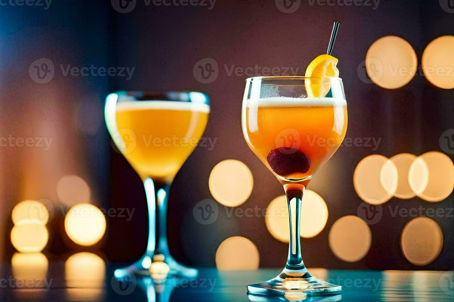 two glasses of cocktails on a table with bokeh lights. AI-Generated photo