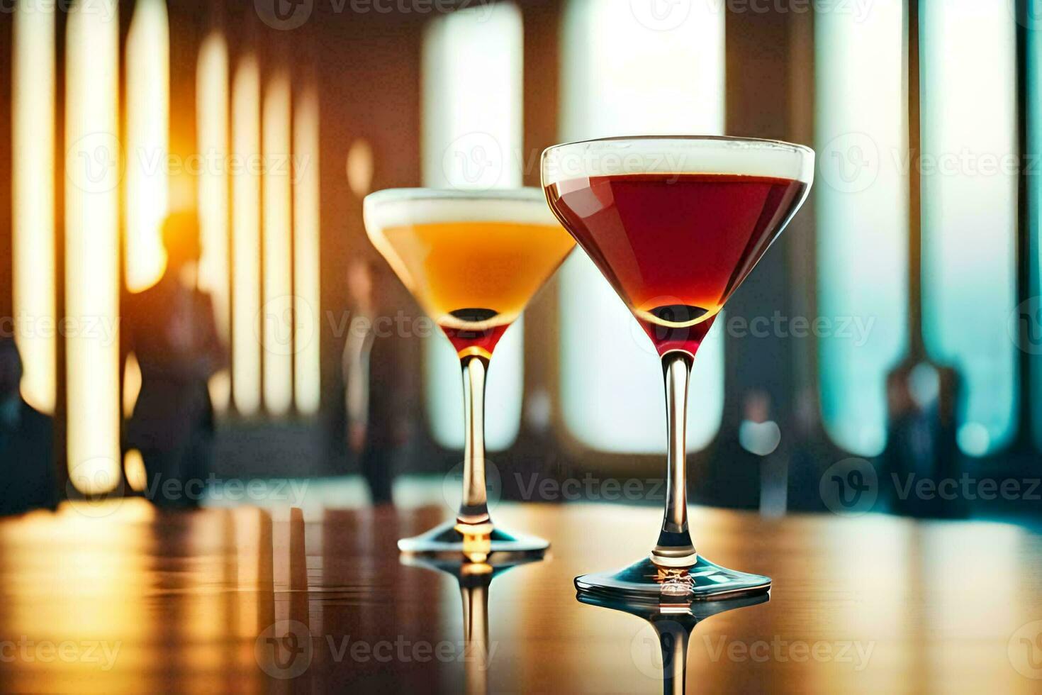 two glasses of alcohol on a table. AI-Generated photo