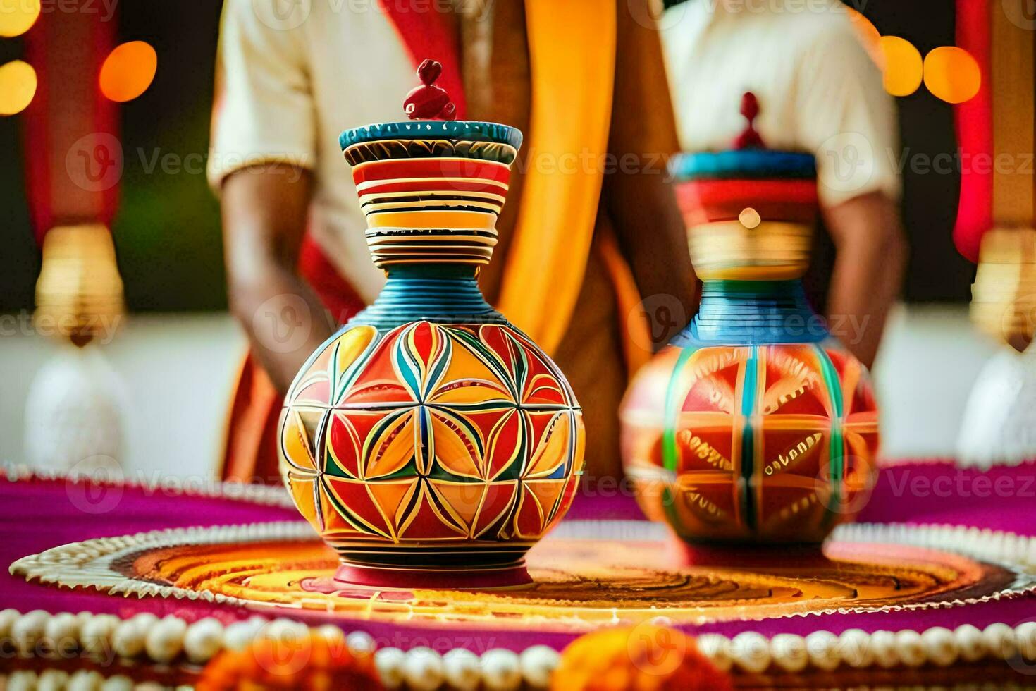 dos vistoso floreros en un mesa con un hombre en tradicional atuendo. generado por ai foto