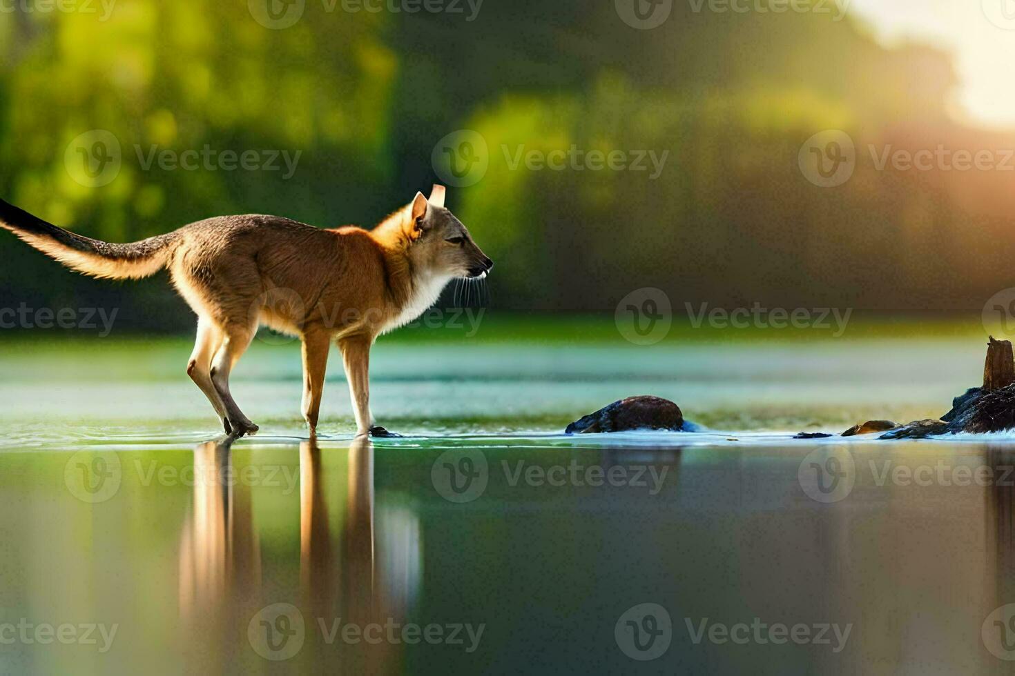 a kangaroo standing on the edge of a lake. AI-Generated photo