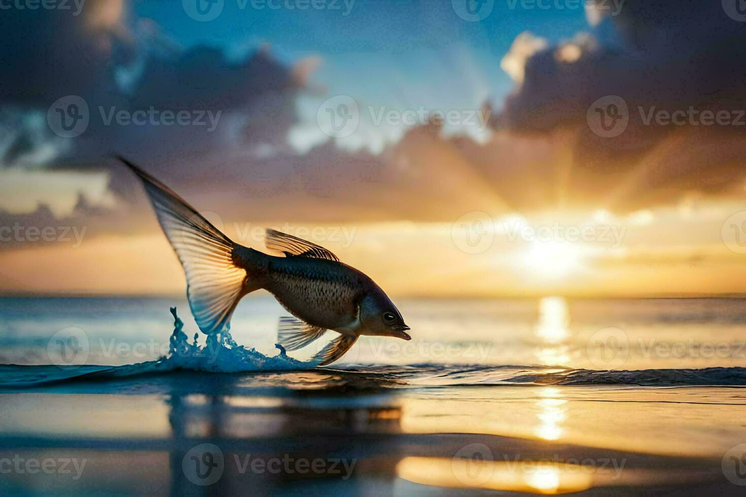 un pescado saltando fuera de el agua a puesta de sol. generado por ai foto