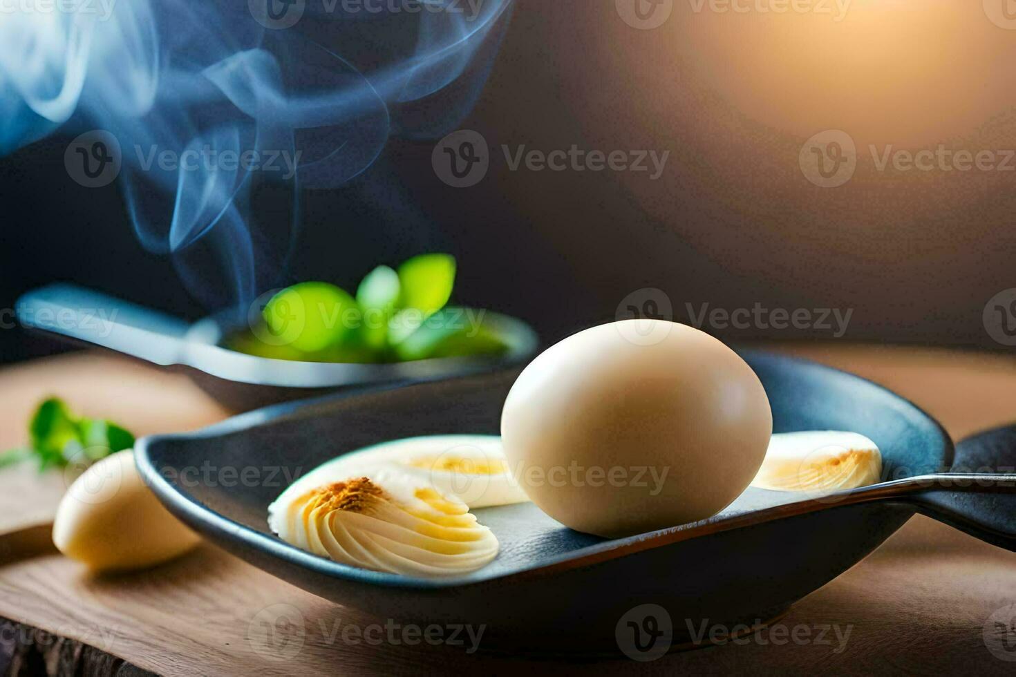 a bowl of eggs and a spoon with smoke. AI-Generated photo