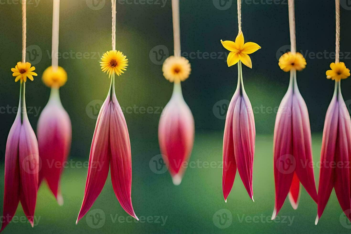 un grupo de flores colgando desde instrumentos de cuerda. generado por ai foto