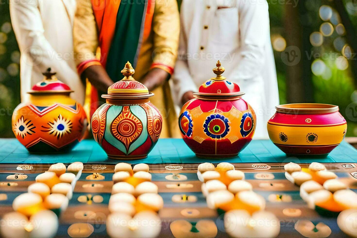 two men in traditional indian attire are standing next to colorful pots. AI-Generated photo