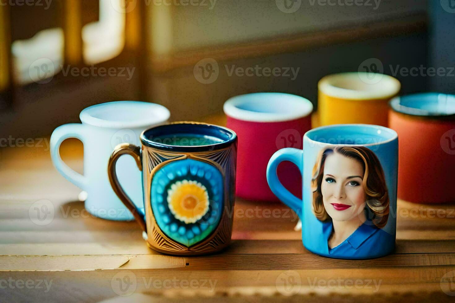 un colección de tazas con diferente diseños y fotos. generado por ai foto