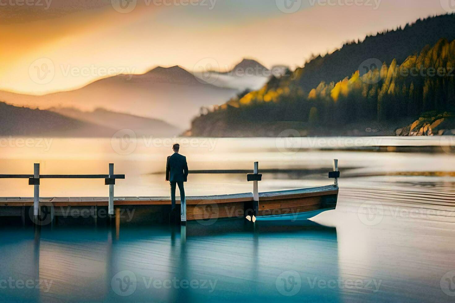 a man standing on a dock looking at the mountains. AI-Generated photo