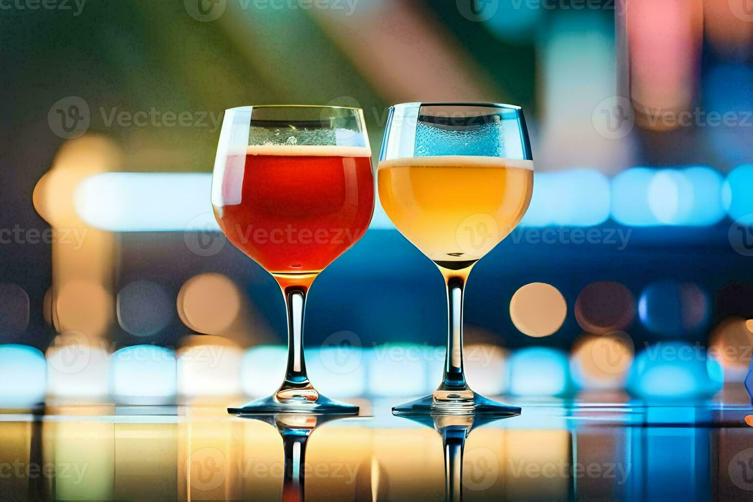 two glasses of beer on a table in front of a blurred background. AI-Generated photo