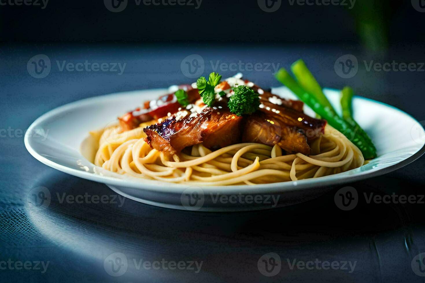 a plate of spaghetti with meat and asparagus. AI-Generated photo