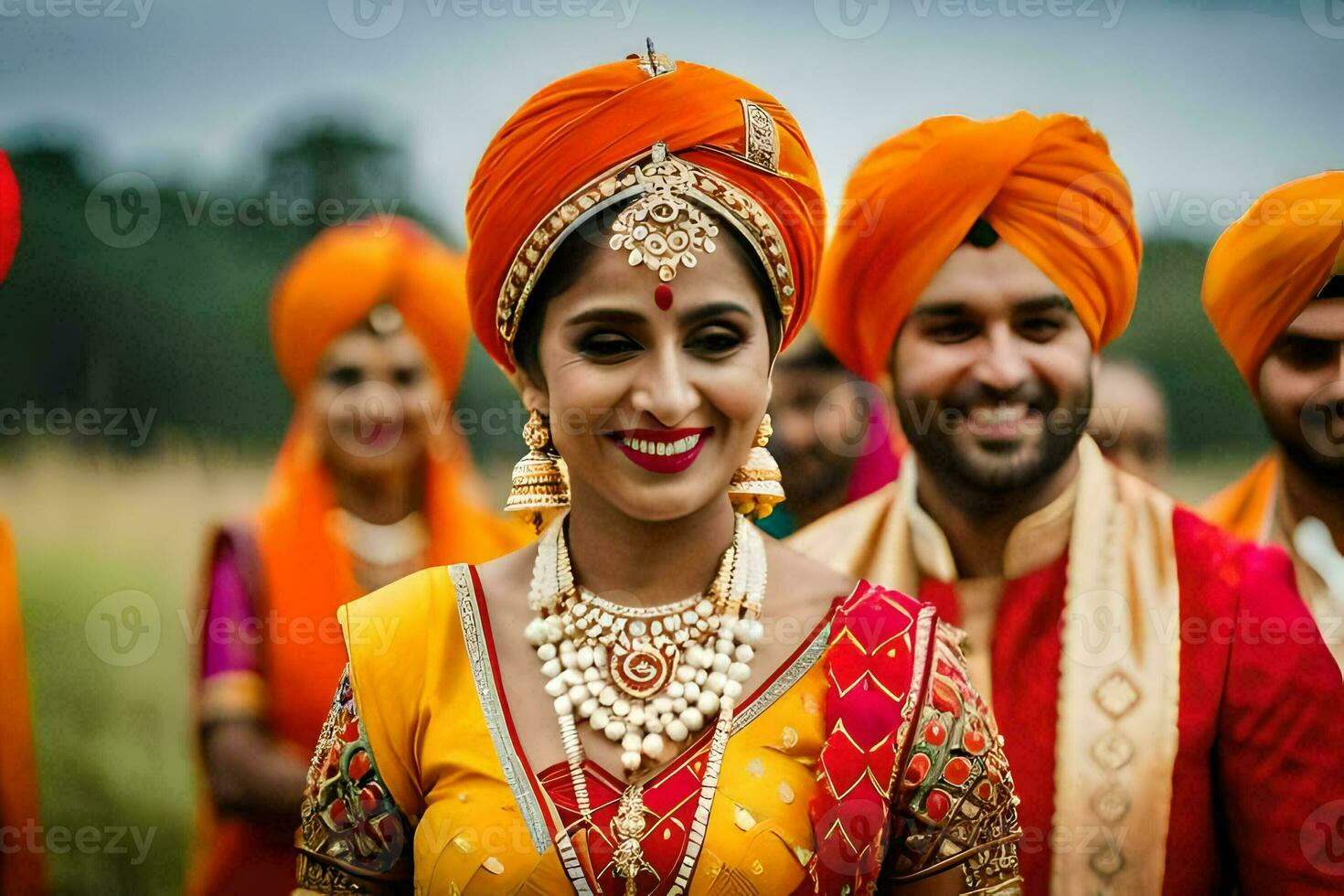 a bride and groom in traditional indian attire. AI-Generated photo