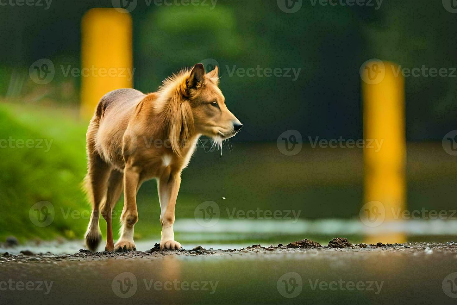 a dog standing in the water next to yellow poles. AI-Generated photo