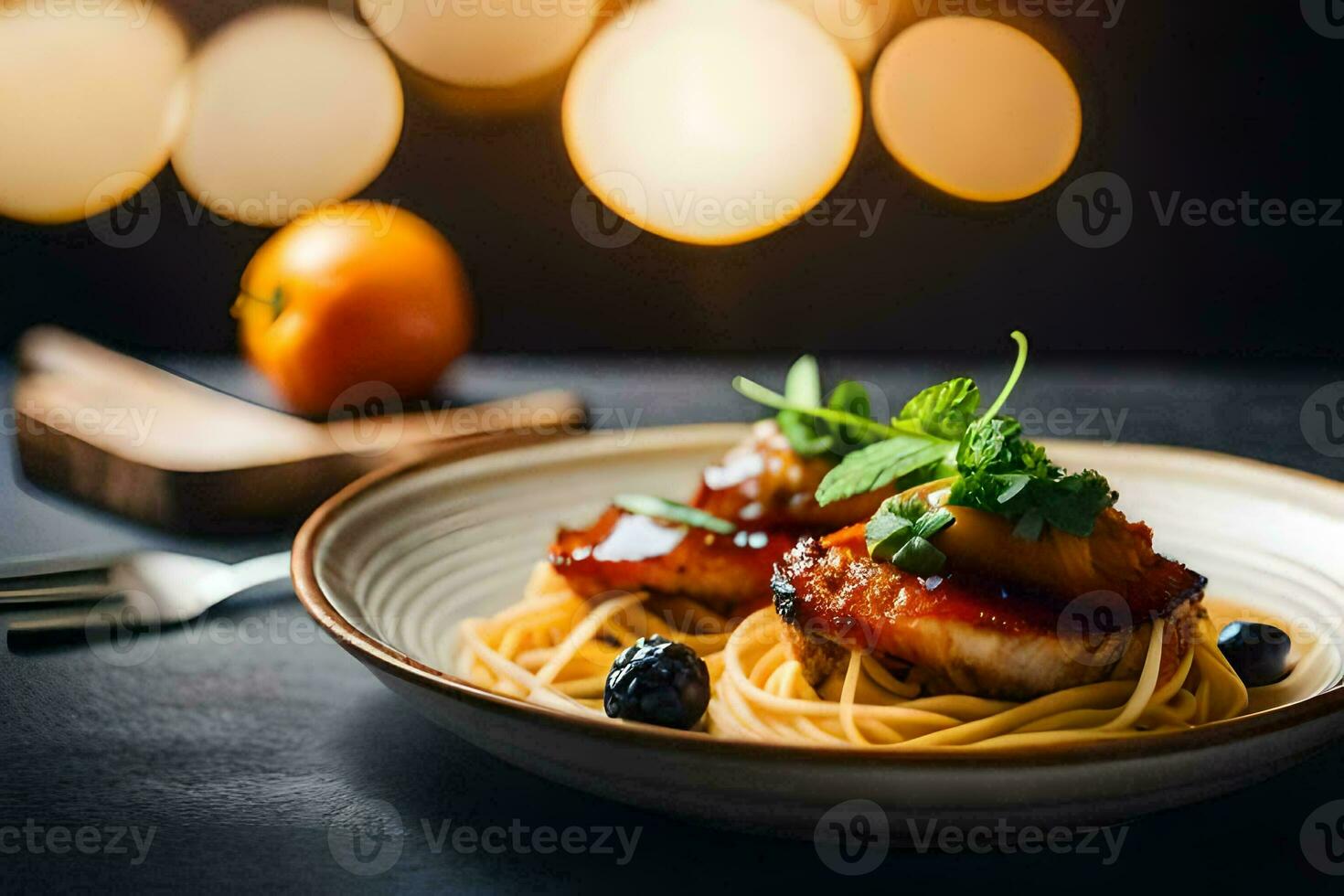 a plate of spaghetti with meat and vegetables. AI-Generated photo