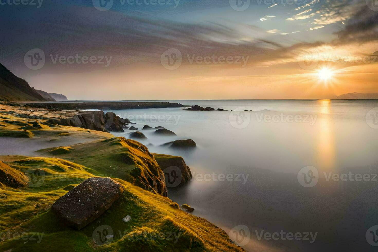 a long exposure photograph of the sun setting over the ocean. AI-Generated photo