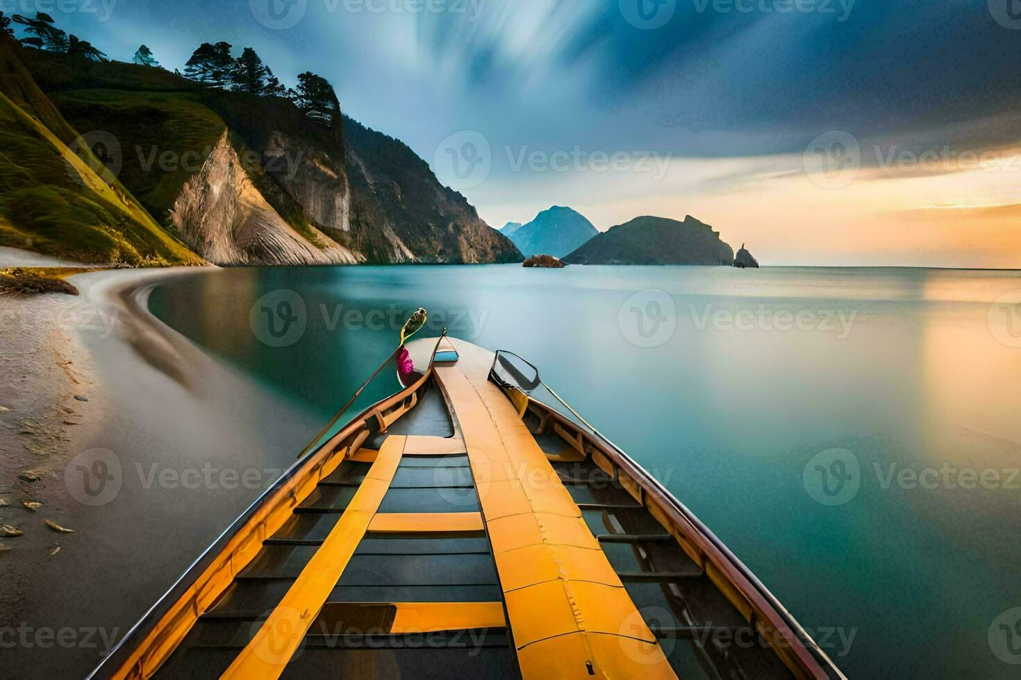 a boat is docked at the shore of a beach. AI-Generated photo