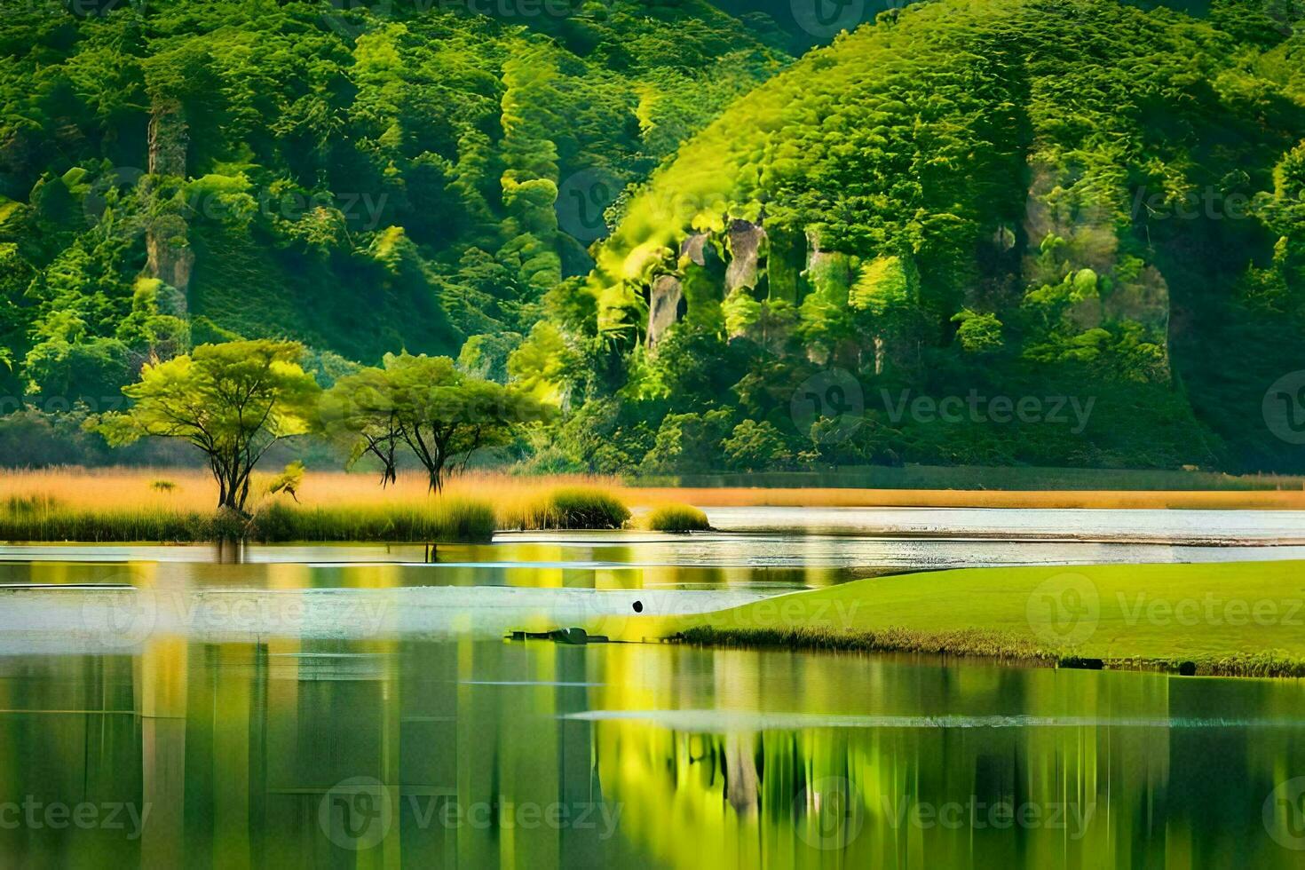 a lake surrounded by green hills and trees. AI-Generated photo