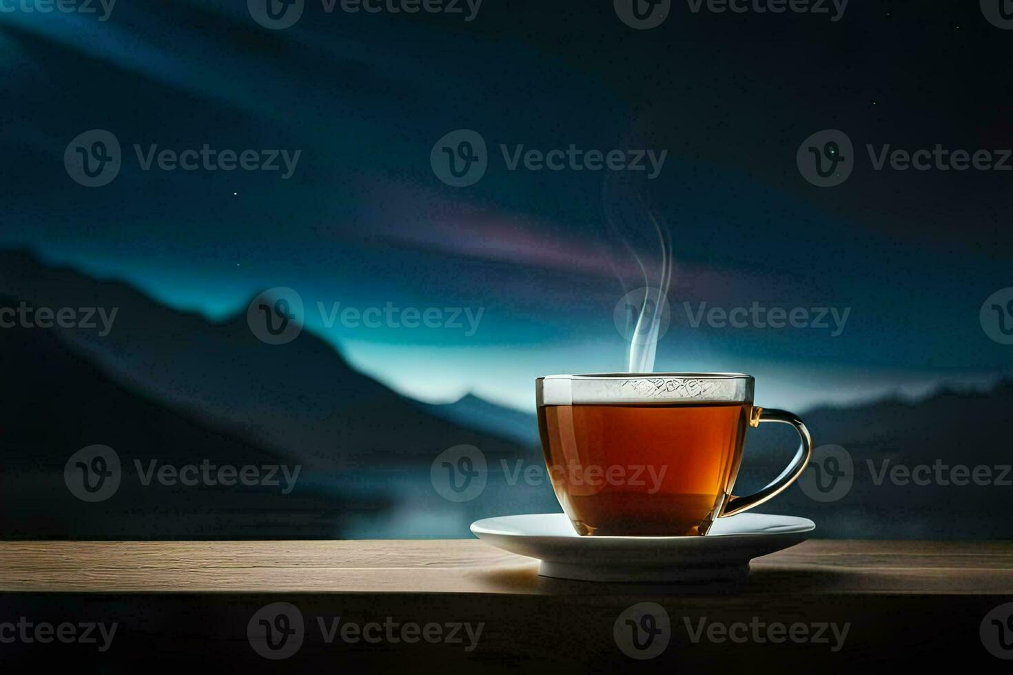 a cup of tea on a wooden table in front of a lake at night. AI-Generated photo