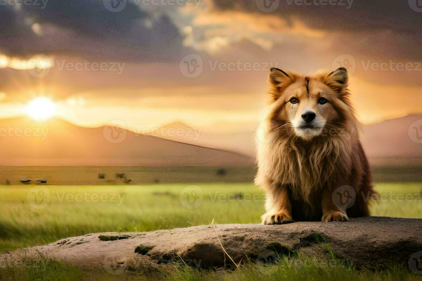 un perro sentado en un rock en el medio de un campo. generado por ai foto