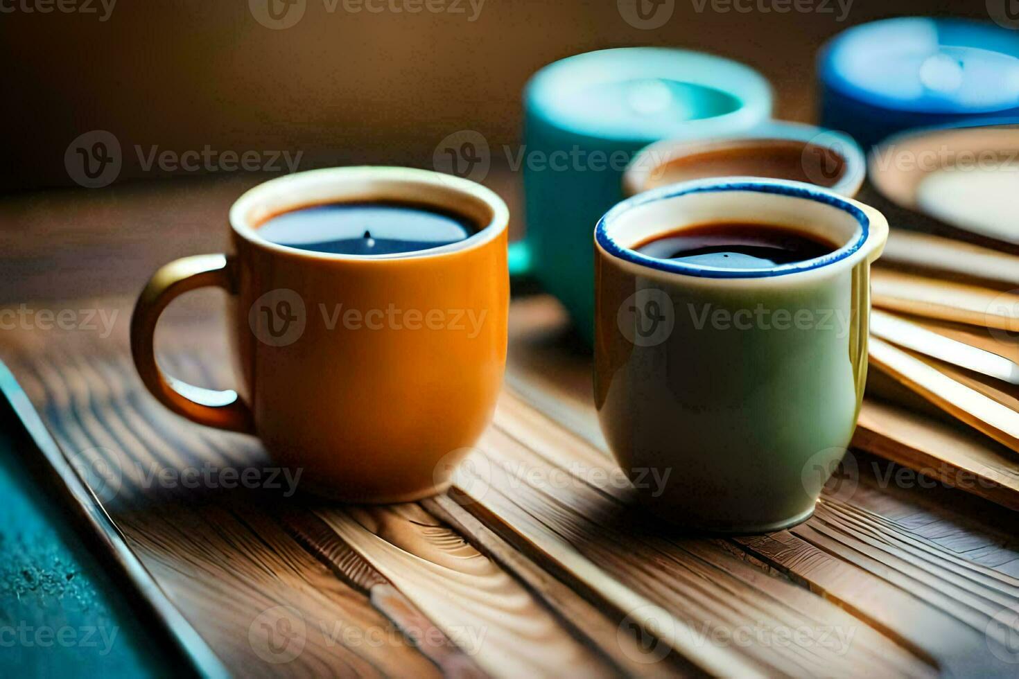 two coffee cups with black liquid in them on a wooden table. AI-Generated photo
