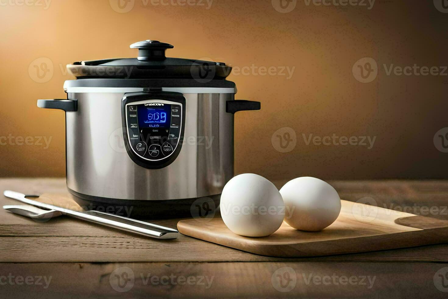 an instant pot with two eggs on a cutting board. AI-Generated photo