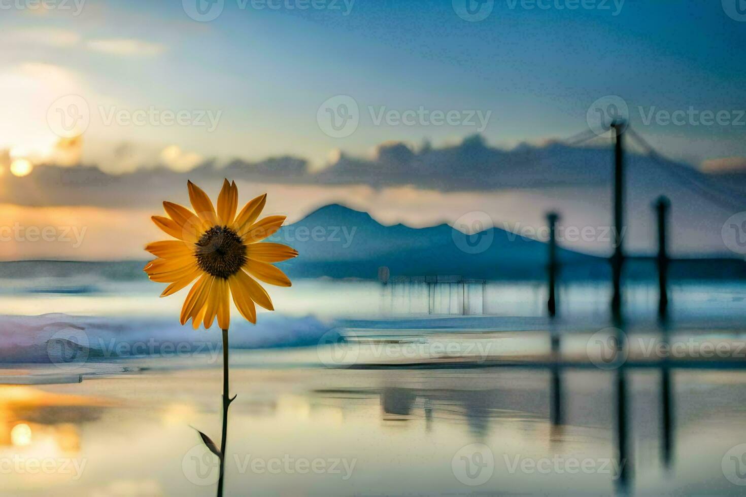 un soltero girasol soportes en el playa a puesta de sol. generado por ai foto