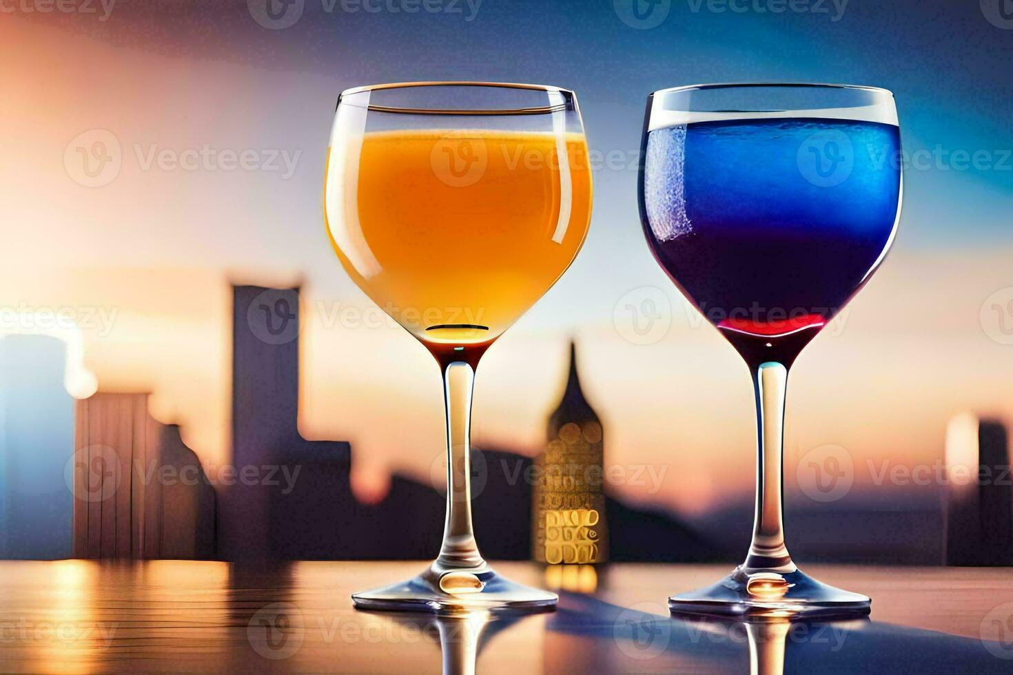 two glasses of orange juice with the city in the background. AI-Generated photo