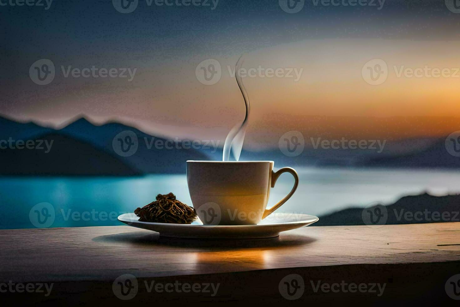 coffee cup on the table with mountains in the background. AI-Generated photo