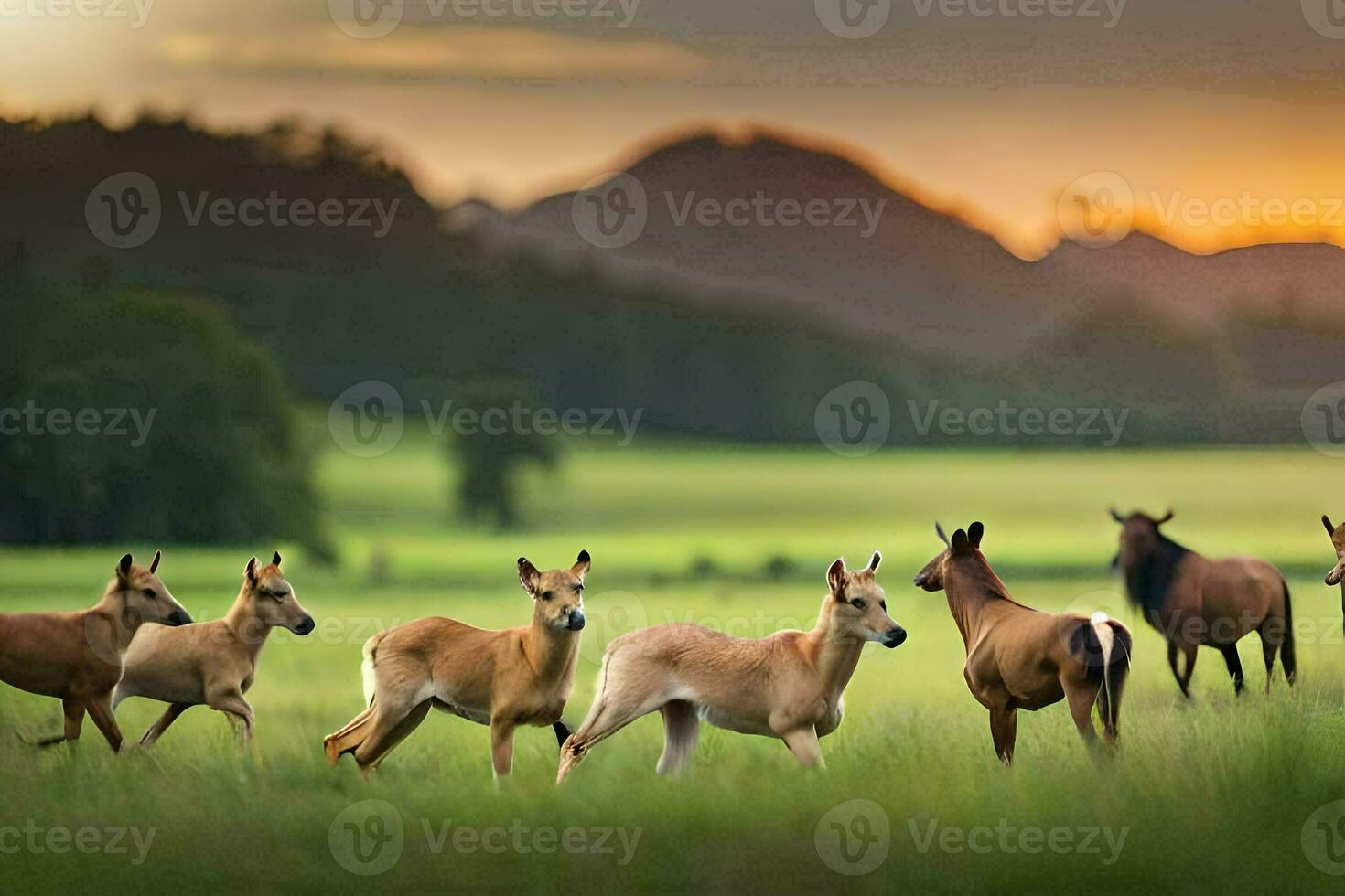 a herd of horses running in the grass. AI-Generated photo
