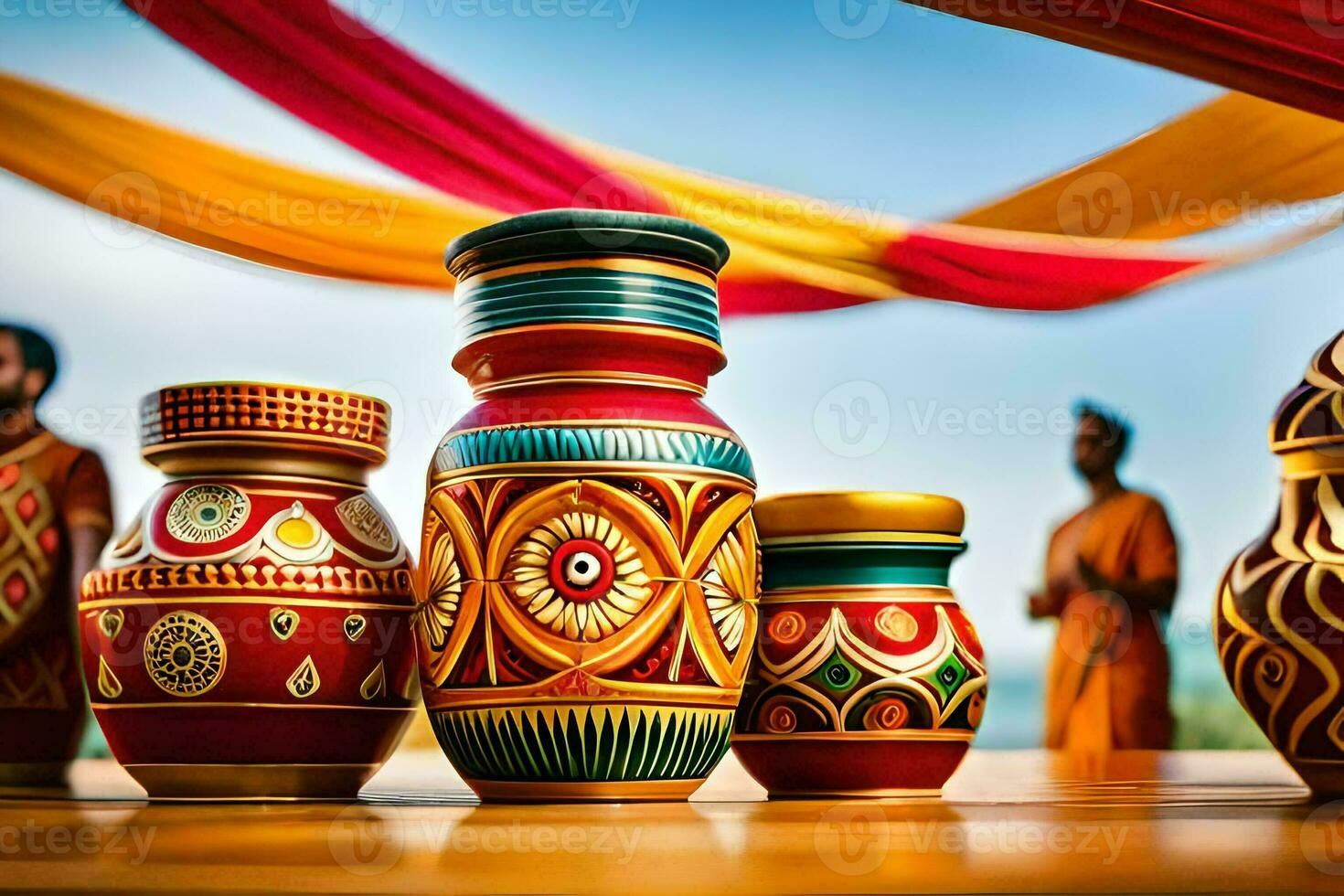 colorful vases on a table with people in the background. AI-Generated photo