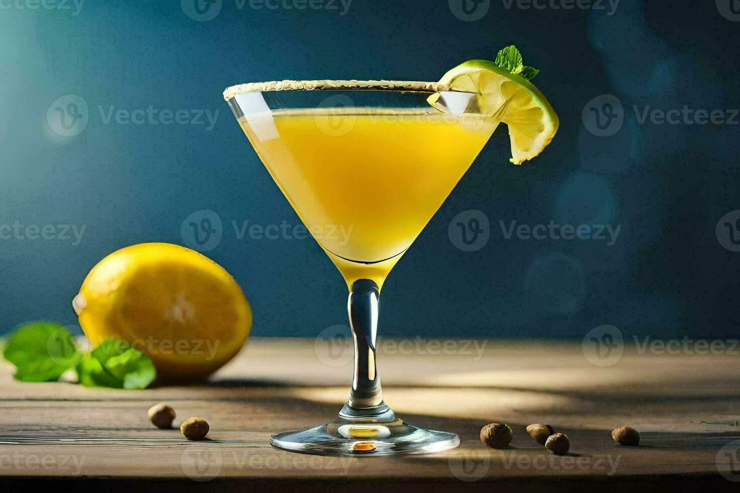 cocktail with lemon and mint on a wooden table. AI-Generated photo