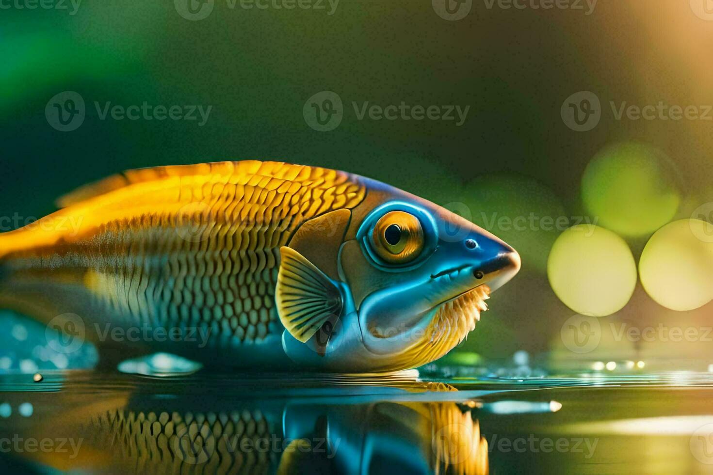 a fish with a yellow and blue body is reflected in the water. AI-Generated photo