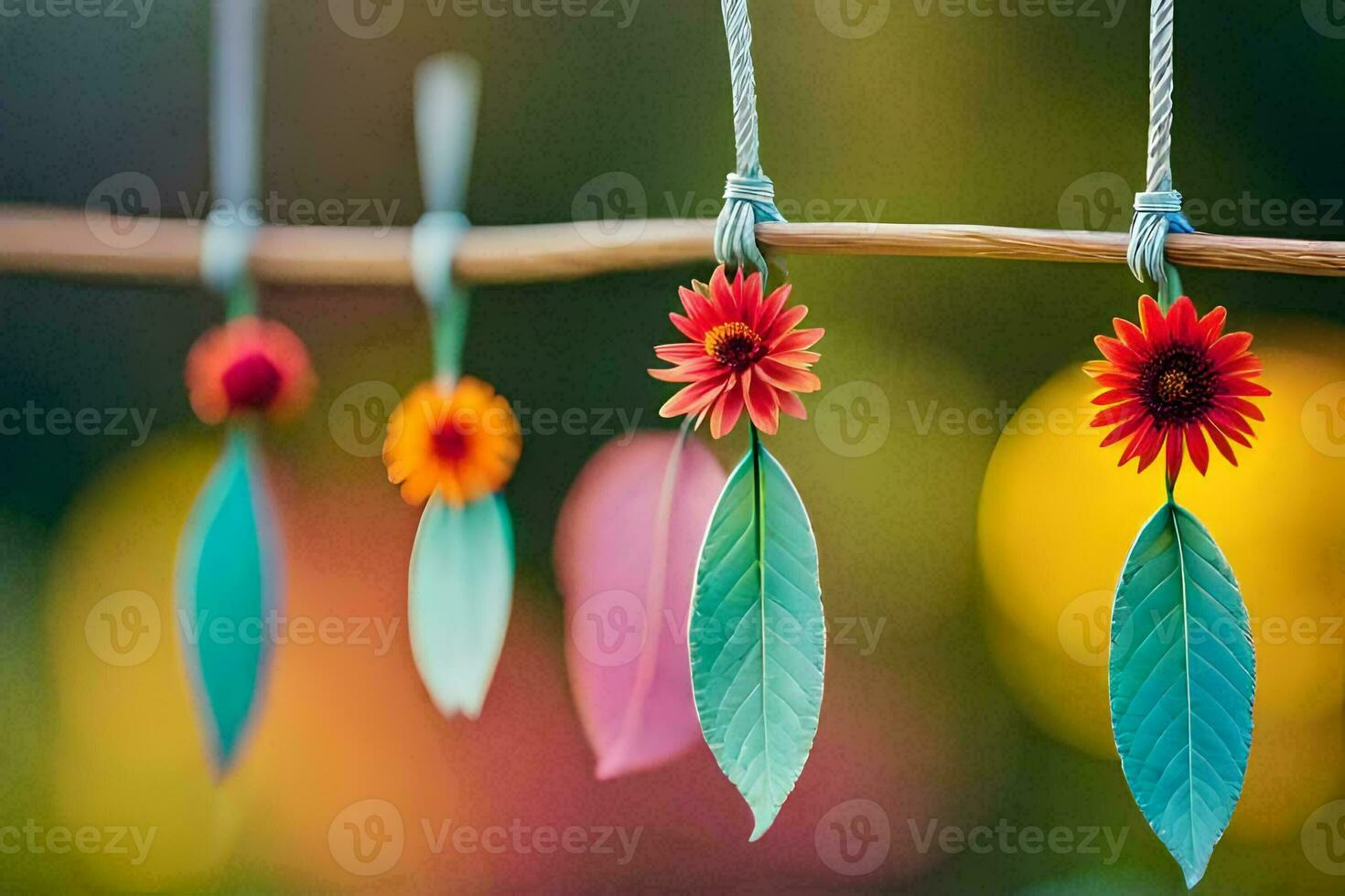 colorful flowers hanging from a clothesline. AI-Generated photo
