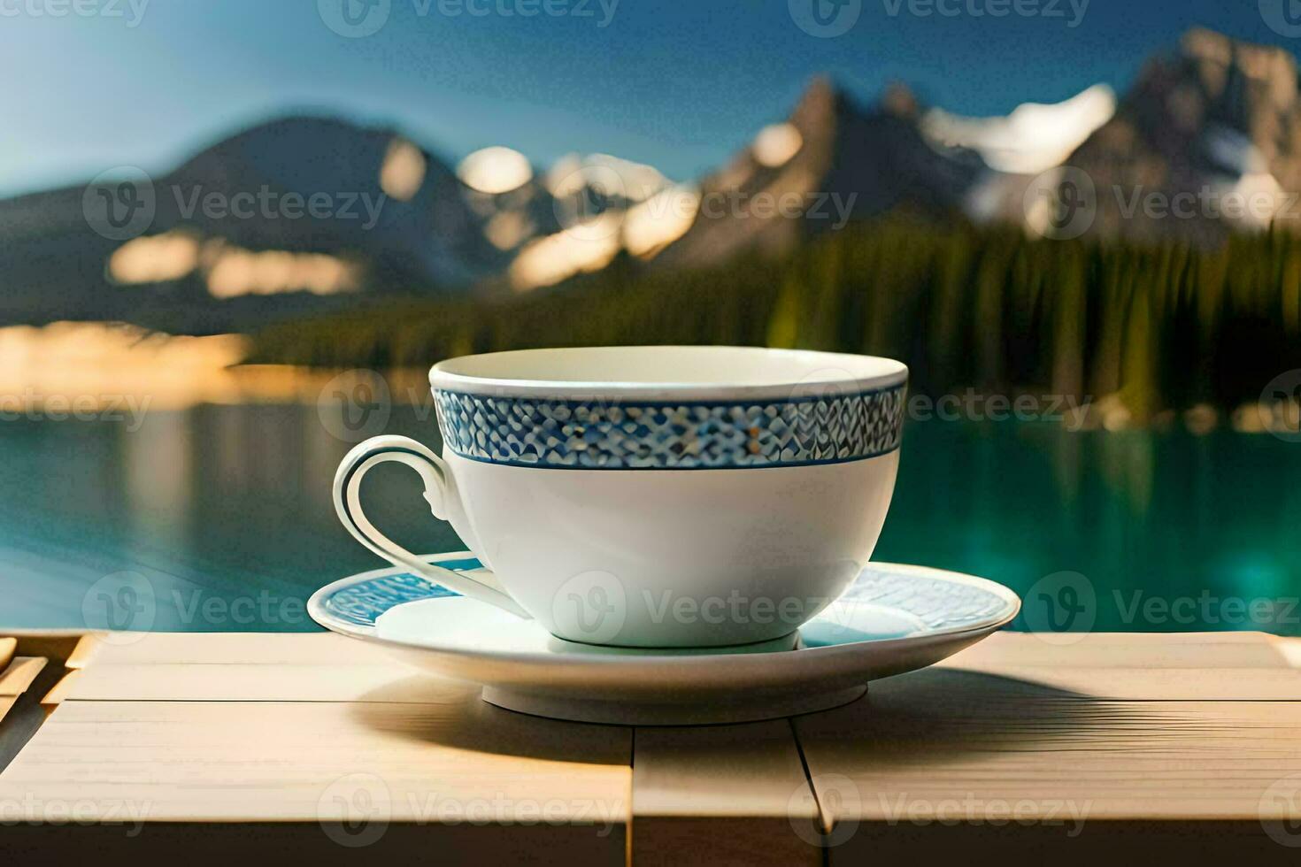 un taza de té en un lago. generado por ai foto