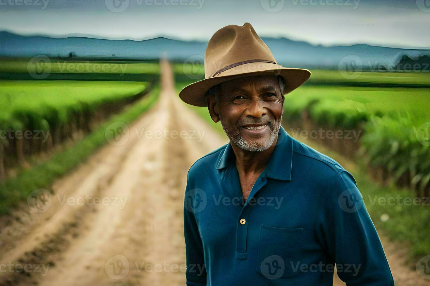 a man in a hat standing on a dirt road. AI-Generated photo