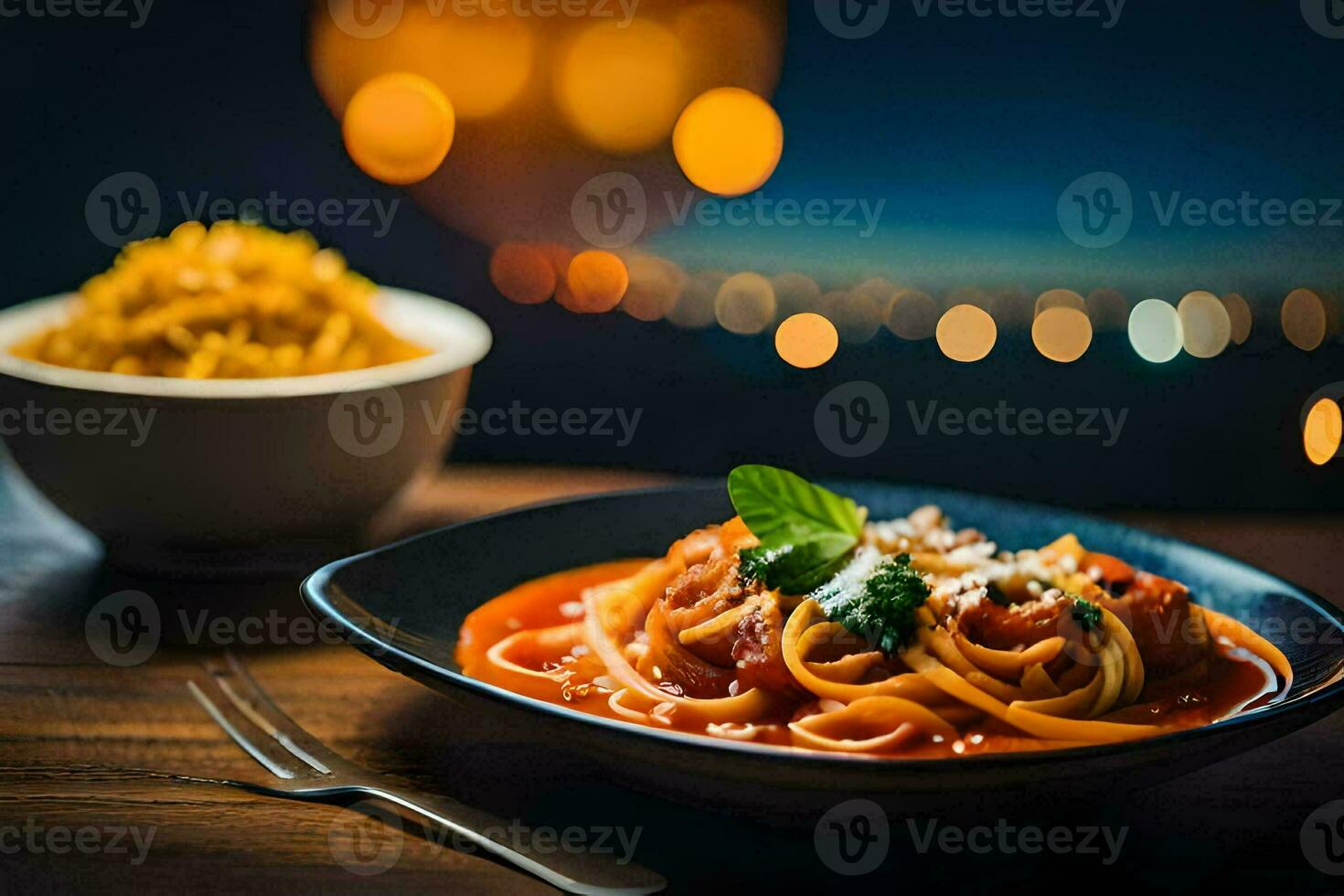 a plate of spaghetti with tomato sauce and cheese on a wooden table. AI-Generated photo