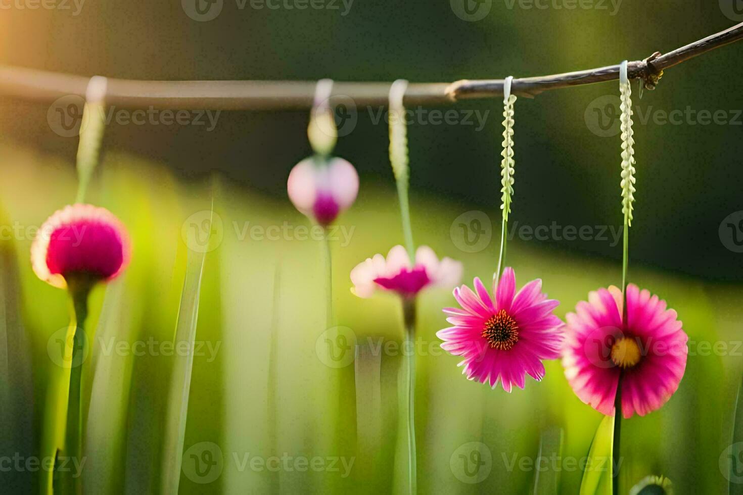 pink flowers hanging from a string in the grass. AI-Generated photo